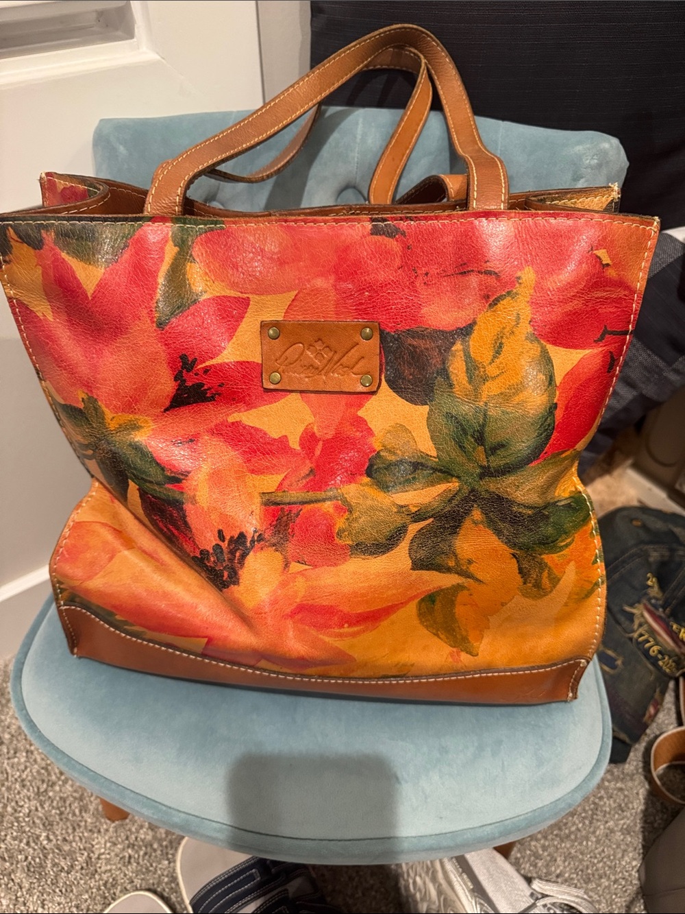 Patricia Nash Floral Leather Tote — Orange, Red & Green